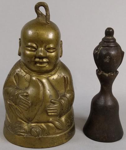 *2 PIECES: Iron bell and figure of seated Buddha, tallest approximately 7 3/8".