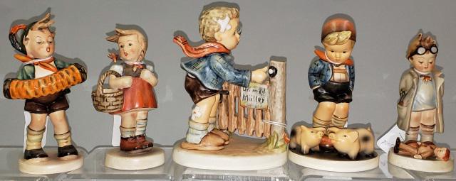 5 HUMMEL FIGURINES: "Accordion Boy" 185, "Little Shopper" 96, "An Emergency" 436, "Farm Boy" 66, and "The Doctor" 127.
