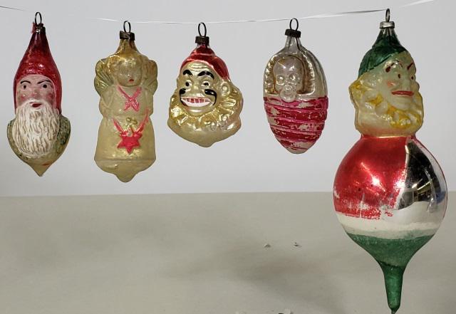 *5 VINTAGE GLASS CHRISTMAS ORNAMENTS: Clowns, Santa, baby, etc.