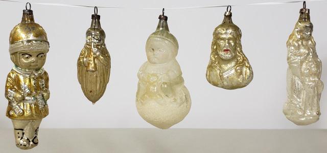 *5 VINTAGE GLASS CHRISTMAS ORNAMENTS: Young girl, Christ, baby with horn, etc.