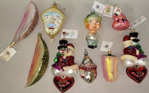 *9 CHRISTOPHER RADKO CHRISTMAS ORNAMENTS: Including young boy, snowmen, fruit, etc., all with tags.