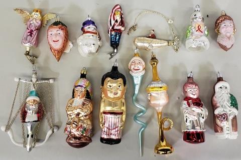 *14 CONTEMPORARY CHRISTMAS ORNAMENTS: Including young boy, Santa, clown, angel, etc.