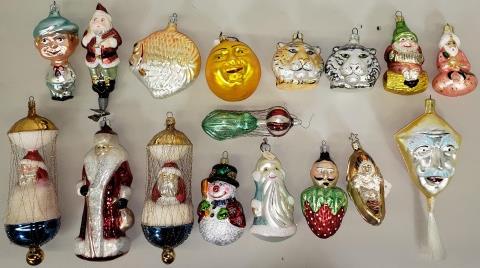 *17 CONTEMPORARY CHRISTMAS ORNAMENTS: Including young boy, fish, Santa, snowman, etc.