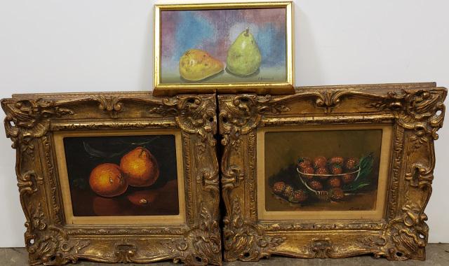 *3 STILL LIFE PAINTINGS: 2 signed Frank Lean oil on board paintings, oranges and strawberries, approximately 8" x 10", with frame 15" x 17", along with a framed oil on masonite, pears, signed Greenholtt, 6" x 10", with frame