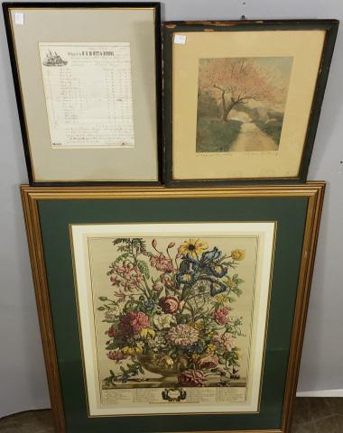 *3 FRAMED WORKS: Framed still life, "Summer", with frame approximately 34 1/2" x 28 1/2", Wallace Nutting hand-tinted photograph, "A Peep at the Hills", with frame 15 5/8" x 13 1/4", and delivery receipt dated 1809, w