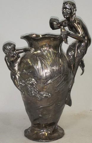 *WMFB FIGURAL VASE: Vase decorated with merman and child, silverplate over pewter, marked on underside "as WMFB 1/0", approximate height 11 1/4".