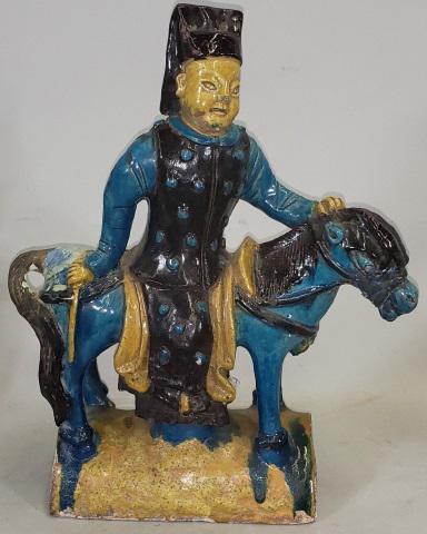 *ASIAN FIGURAL ROOF TILE: Depicting man on horse, ceramic tile, approximate height 14 5/8", width 12", depth 5 1/2".