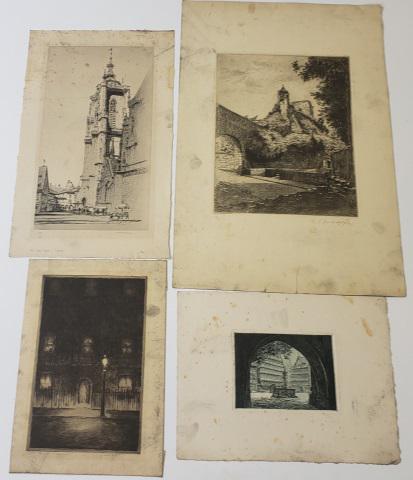 *4 UNFRAMED ETCHINGS: Including work by Samuel Chamberlain titled "The Sunlit Tower", street scene by Unknown Artist titled "The Ghost House", and 2 German street scene etchings, all by various artists.