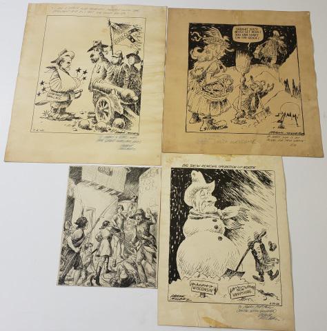 *4 ORIGINAL UNFRAMED ILLUSTRATIONS: 4 ink illustrations, 3 pieces by Frank Miller depicting political cartoons, and 1 by Ogel, all pieces signed, largest approximately 19" x 16".