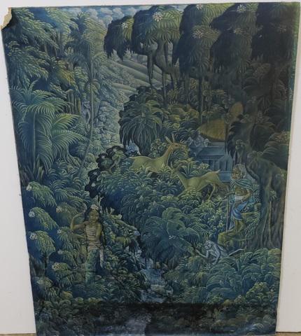 *3 UNFRAMED WORKS: 1 Balinese work on fabric glued to cardboard depicting forest scene, 1 lithograph by Unknown Artist titled "Seated Woman", and 1 watercolor by Unknown Artist depicting harbor scene, signed indistinctl