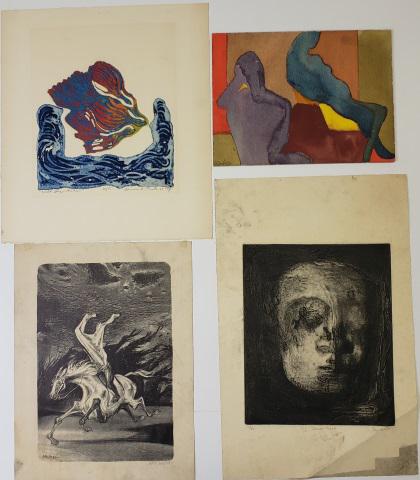 *4 UNFRAMED WORKS: 1 lithograph by William Gropper depicting horse, 1 etching by Barbara Spitz depicting vase, 1 etching by Bernese Hunter of abstract, 1 watercolor by Wright, signed lower left, largest piece approximat