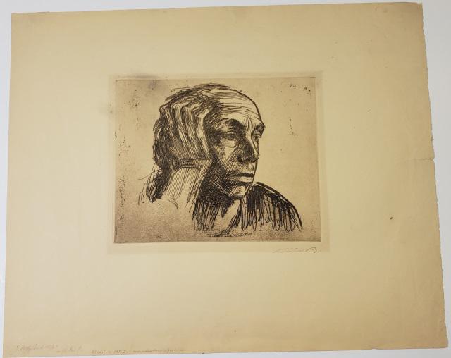 *KATHE KOLLWITZ ORIGINAL ETCHING: Kathe Kollwitz (1867-1945 German), portrait, unframed etching, having rubber stamp with signature lower right, most likely from larger folio, approximately 8 3/4" x 10 5/8", total sheet size 17 5/8" x