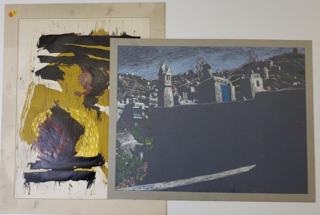 *2 UNFRAMED WORKS: 1 woodblock print by Mildred Armato titled "Opus 25", approximately 25" x 18", and serigraph by Jack Beal depicting city wall, 20" x 25 3/4".