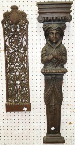 *2 DECORATIVE PIECES: Renaissance woman and carved wall plaque with scroll and leaf decoration.