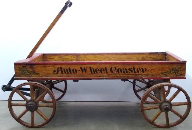 *PRIMITIVE WAGON: "Auto-Wheel Coaster", approximate height 15", width 16", depth 36".