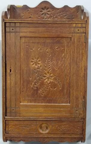 *OAK MEDICINE CABINET: Fitted with single door over drawer, height 28 1/2", width 15", depth 7 1/2".