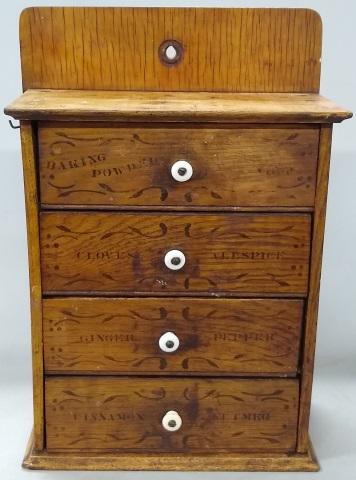 *WALL MOUNT SPICE CABINET: Fitted with 4 drawers, approximate height 18", width 10 3/4", depth 5 1/4".