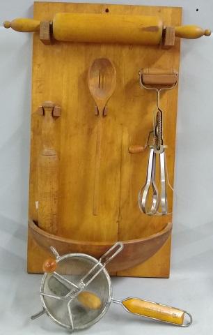 *GROUP OF PRIMITIVE KITCHEN UTENSILS: Rolling pins, strainer, mortar, etc.