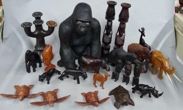 *3 GROUPS: Pottery candelabra, figure of gorilla, and African carved wood figures.
