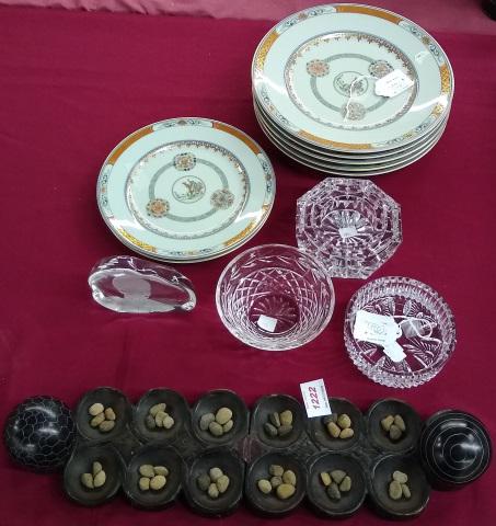 *GROUP: Etched glass shepherd boy, approximate height 3 1/4", glass ash receiver, height 1 3/4", bowl, width 3 1/2", circular glass bonbon, width 1 1/2", 2 Limoges salad plates, diameter 9", 5 Limoges dinner