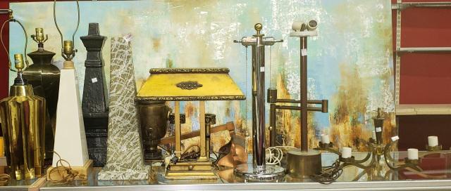 LARGE GROUP OF LAMPS: Mid-century modern desk lamp having bronzed finish, Toleware style desk lamp, approximate height 17", wall mount table lamp with copper finish, length 21", Kovacs chrome lamp with cylindrical shaft, l