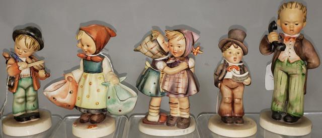 5 HUMMEL FIGURINES: "Little Fiddler" 4, "Street Singer" 131, "Mother's Darling" 175, "Hello" 124/1, and "Telling Her Secret" 196/0.