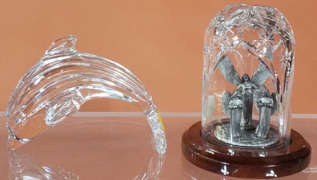 2 PIECES OF WATERFORD: Pewter nativity set, under glass dome, approximate height 5", and Waterford breaching dolphin.