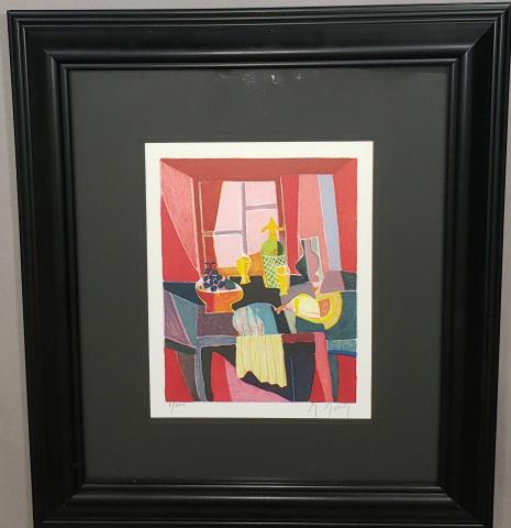 *MARCEL MOULY ORIGINAL COLORED LITHOGRAPH: Marcel Mouly (1918-2008 French), interior scene with items on table, framed colored lithograph housed in newer frame, signed in pencil and numbered from edition of 300 lower margin, approximately 10 1