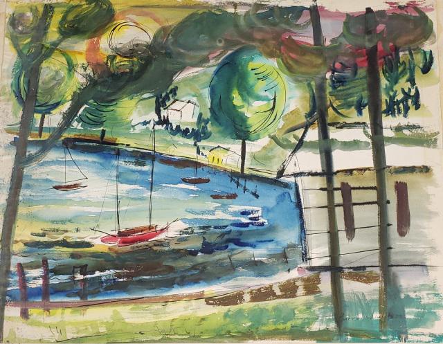 *EMERSON WOELFFER ORIGINAL WATERCOLOR PAINTING: Emerson Woelffer (1914-2003 American), impressionist -style landscape, unframed watercolor mounted to cardboard, signed and dated 1977 lower right, approximately 19 1/2" x 25".