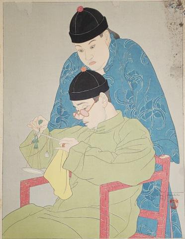 *PAUL JACOULET ORIGINAL WOODBLOCK PRINT: Paul Jacoulet (1902-1960 French), "La Balance", unframed woodblock print mounted to board, approximately 15 1/2" x 12", total size with mount 20 1/4" x 15 1/4".