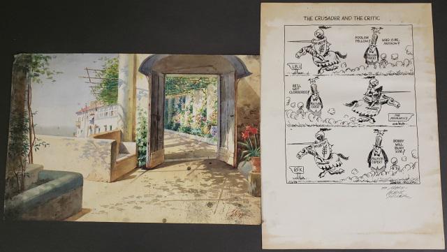 *2 UNFRAMED WORKS: "The Crusader and the Critic", original political cartoon illustration by Frank Miller, and vintage watercolor by G. Capone depicting garden scene, Miller piece approximately 19" x 13 1/2", Capone pie