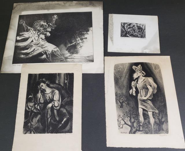 *4 UNFRAMED WORKS: 2 pieces by William Gropper, etching of abstracted figure and lithograph of figure with books, block print by J. Goldstein depicting house, and vintage lithograph by Constantin Pougialis, largest piec