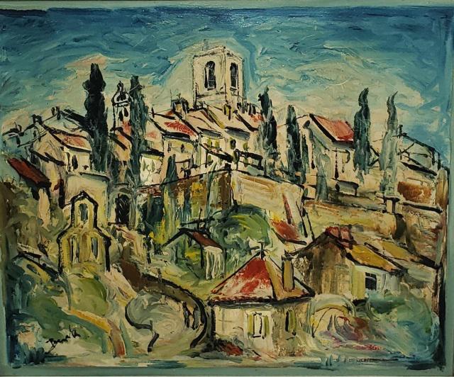 *BURK ORIGINAL OIL PAINTING: Burk (Mid-20th C. French School), impressionist landscape of village, framed oil on canvas, signed lower left, has inventory note from the Sara Lee Corporation, approximately 18" x 21", with frame 27"