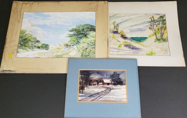 *3 UNFRAMED WATERCOLOR PAINTINGS: Each depicting landscape, barns in Winter landscape signed Byron Kohn, largest piece (lake scene) approximately 11 1/2" x 17 1/2".