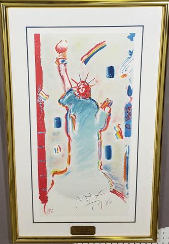 *PETER MAX COLORED LITHOGRAPH: (Born 1937 American), "Statue of Liberty", framed colored lithograph, signed and numbered in plate, approximate sight 32 3/4" x 17", frame 40 1/2" x 25".