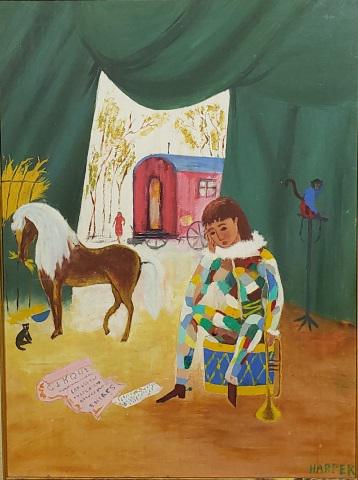 *HARPER: Circus scene, framed oil on canvas, signed lower right, approximate canvas size 30" x 22 1/4", frame 35 1/4" x 27 1/4".