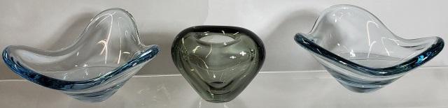 3 PIECES OF SWEDISH ART GLASS: Holmegaard, approximate height 3", bowl, height 2 3/4", and bowl, height 2 1/2".