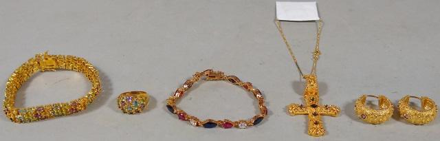 *6 PIECES OF STERLING SILVER JEWELRY: Crucifix with matching earrings, bracelet with gilt finish, bracelet with faux ruby and diamonds, and ring with multi colored stones.