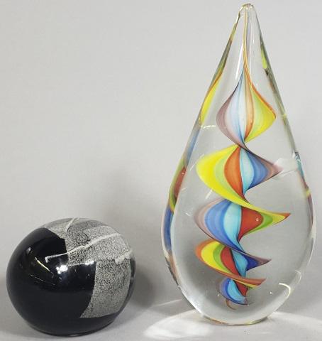 2 PIECES ART GLASS: Teardrop form sculpture with multi-color interior, approximate height 9 1/8" and Kosta Boda paperweight, signed Anna Ehrner, diameter 3 5/8".