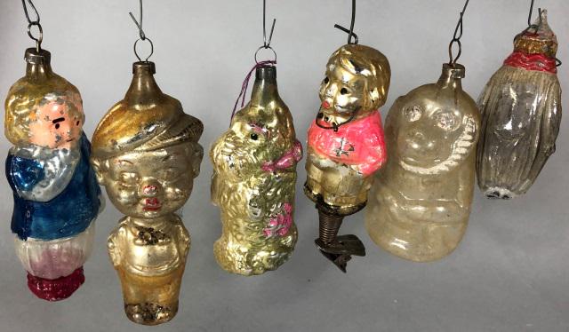 *6 VINTAGE CHRISTMAS ORNAMENTS: Including dog, monkey, young boy, etc.
