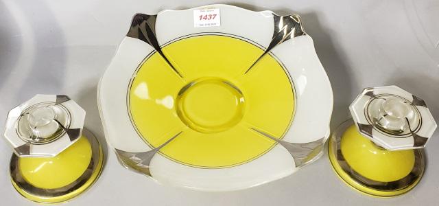 *ART DECO CONSOLE SET: Footed center bowl, widest diameter approximately 12 3/8", and pair of candle holders.