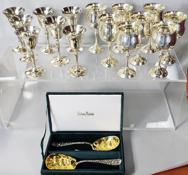 *GROUP OF SILVERPLATE: 2 berry spoons and 15 wine goblets.