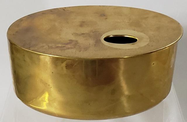 GEORG JENSEN SCANDINAVIAN BRASS BOX: Georg Jensen Scandinavian brass oval box/jewelry box, ca. 1970s, marked on underside "Georg Jensen Denmark", approximate height 3", width 7", depth 5 1/4", with silverplate figural bottle stopper depi