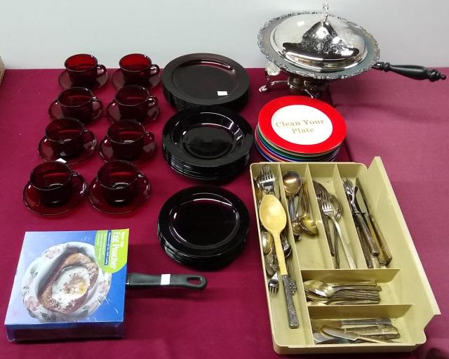*GROUP: Covered entree, egg poacher, silverplate flatware, luncheon plates, and ruby glass.