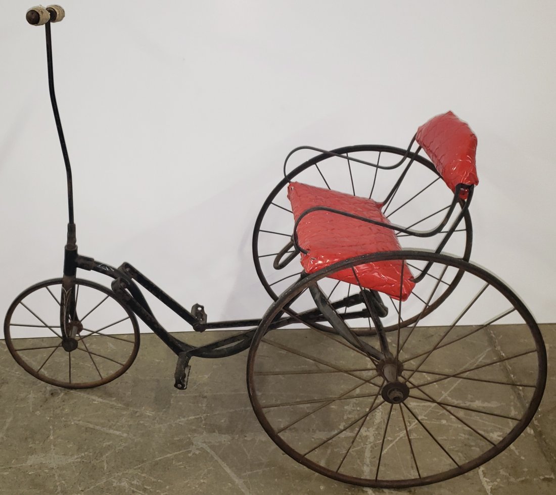 *ANTIQUE 3-WHEEL CHILD: Having rocker arm steering handle, seat has been redone, approximate length 41", height 25".