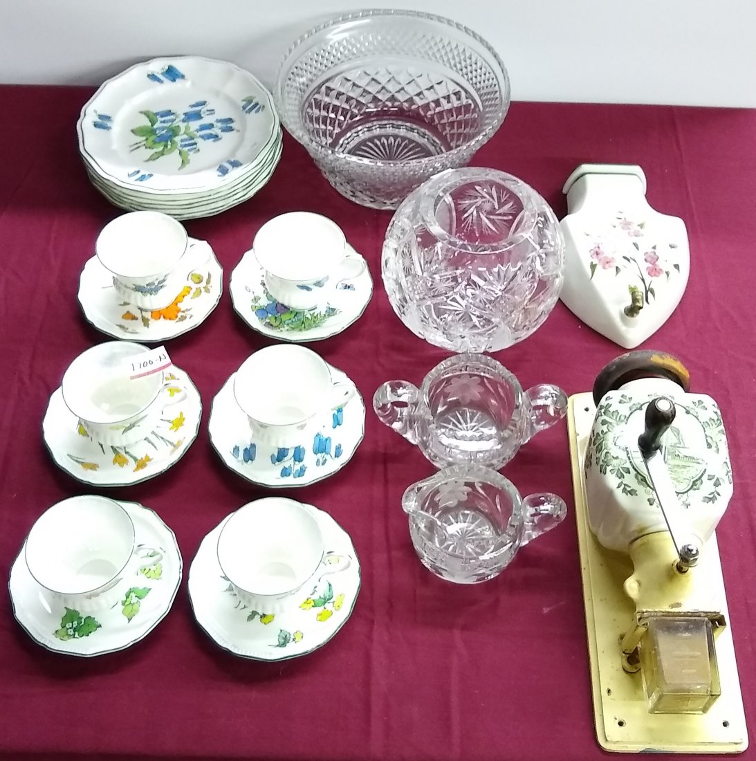 *GROUP: Crown Staffordshire dinnerware, wall mount coffee grinder, rose bowl, salad bowl, etc.