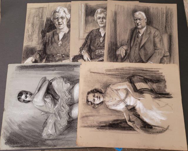 *5 CARL TOLPO ORIGINAL CHALK DRAWINGS: 5 unframed chalk drawings, "Study for Portrait of Bernard Anderson 1941", 2 "Study for Mrs. Edwin Johnson 1941", woman in chair, and "Ballerina 1938", largest piece approximately 25" x 19".