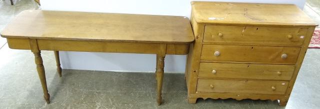 *2 PIECES OF 19TH CENTURY FURNITURE: Table with rounded corners and a dresser fitted with 4 drawers.