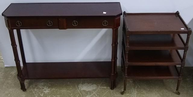 *2 PIECES: Period style mahogany console table, fitted with 2 drawers and platform stretcher below and side table, having 4 shelves.