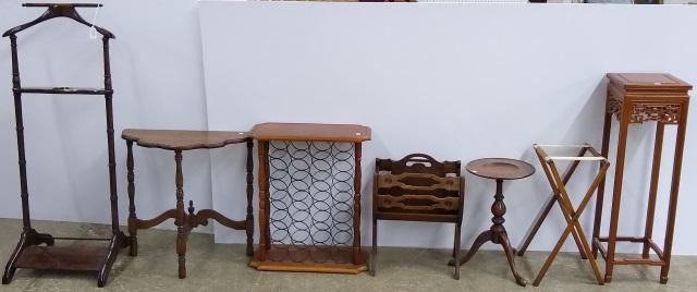 7 PIECES: Magazine rack, candlestand, wine rack, Chinese style pedestal, folding luggage rack, console table, and valet.